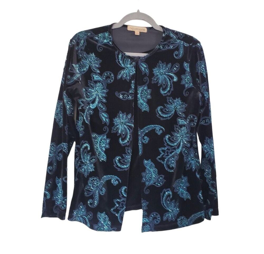 Notations Formal Glitter 2-Fer Twinset Cardigan Stretch Velour Blue Medium NWT